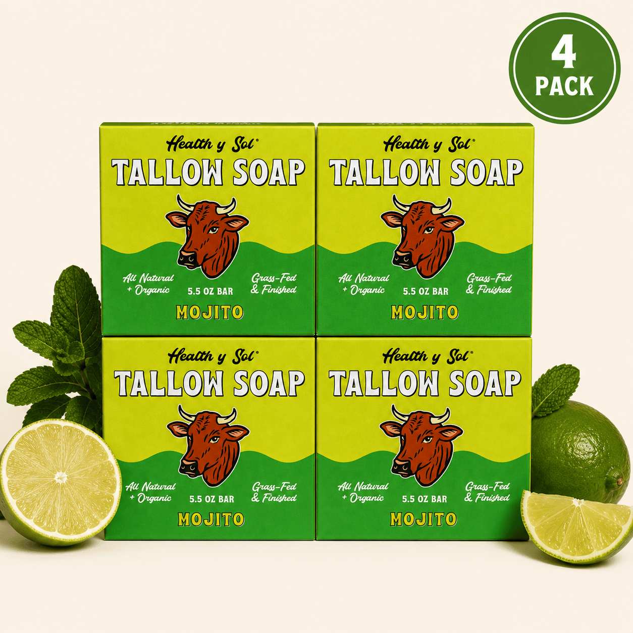 Health y Sol Bar Soap Four Pack Mojito Grass-Fed Tallow Bar Soap 5.5 oz