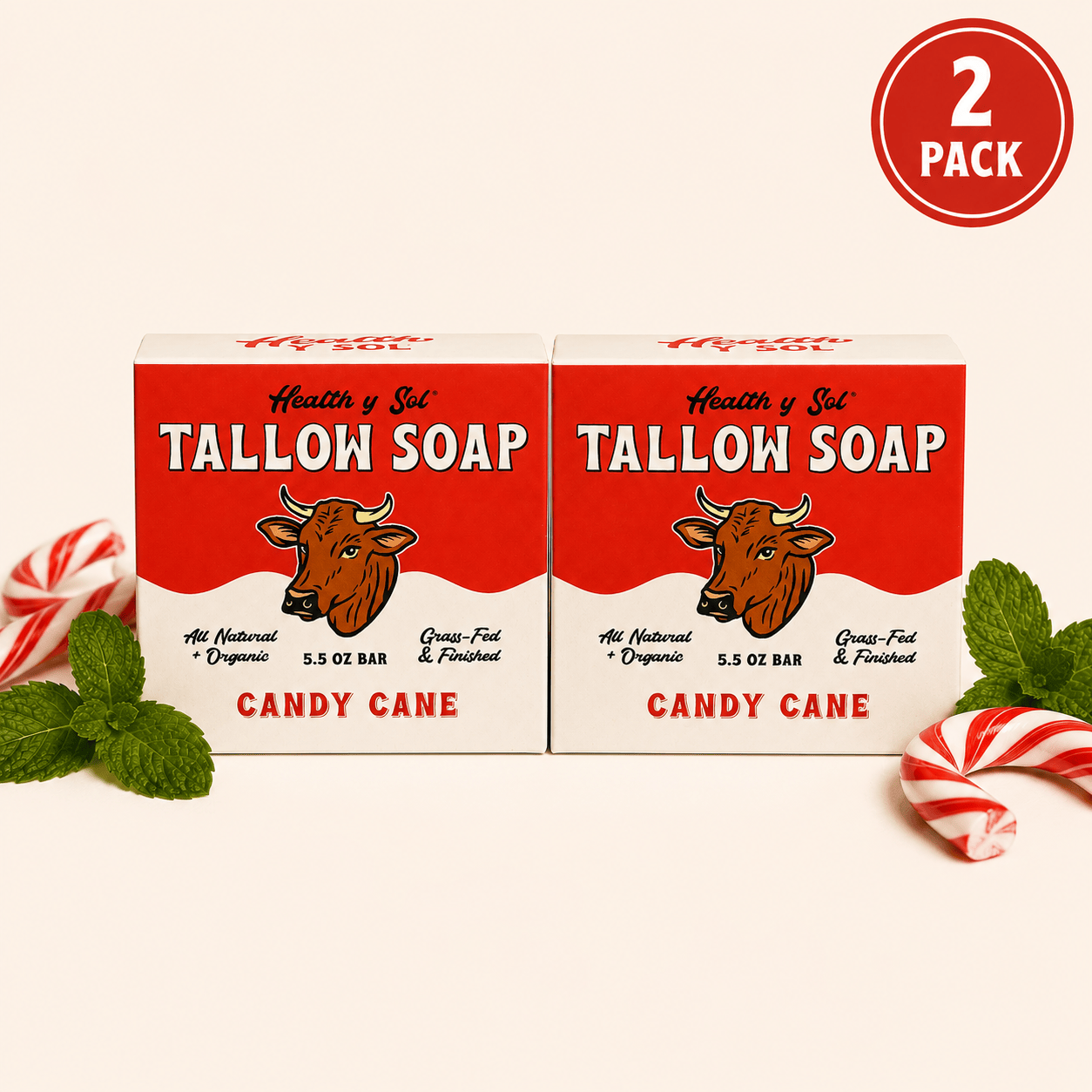 Health y Sol Bar Soap Two Pack Candy Cane Grass-Fed Tallow Bar Soap 5.5 oz