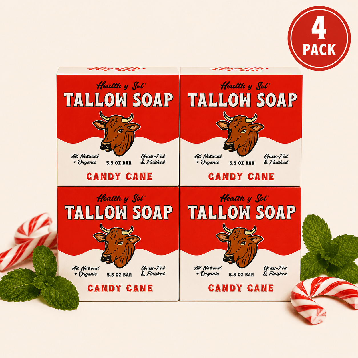 Health y Sol Bar Soap Four Pack Candy Cane Grass-Fed Tallow Bar Soap 5.5 oz