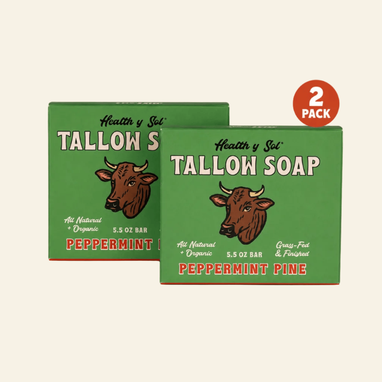 Health y Sol Bar Soap Two Pack Peppermint Pine Grass-Fed Tallow Bar Soap 5.5 oz