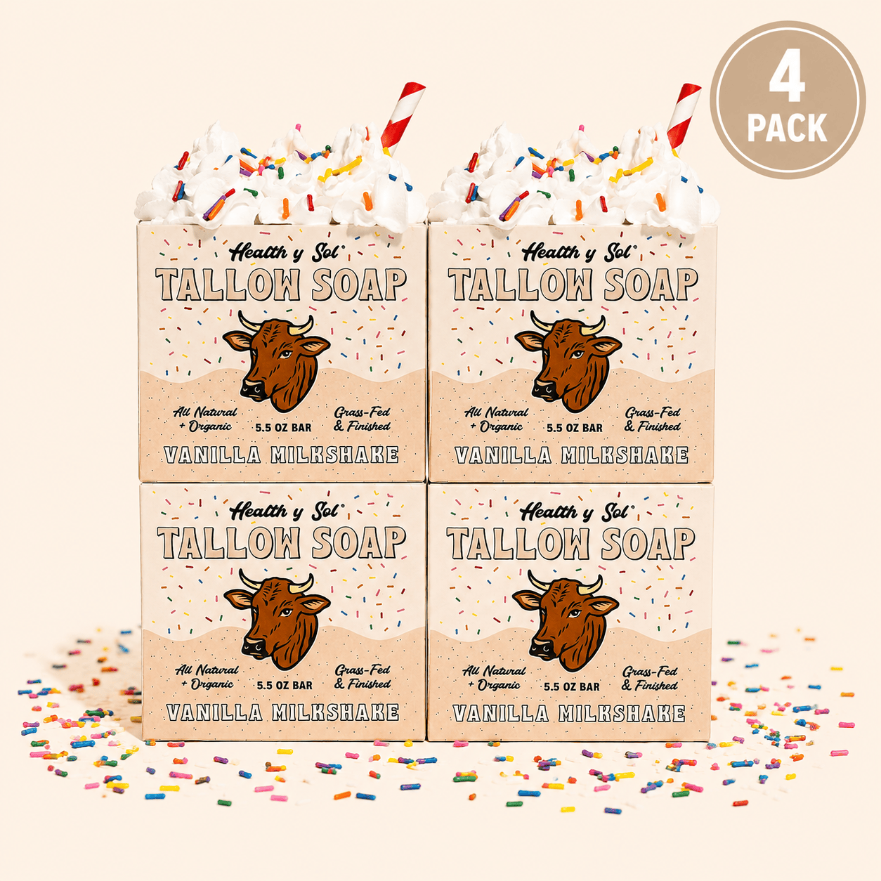 Health y Sol Bar Soap Four Pack Vanilla Milkshake Grass-Fed Tallow Bar Soap 5.5 oz