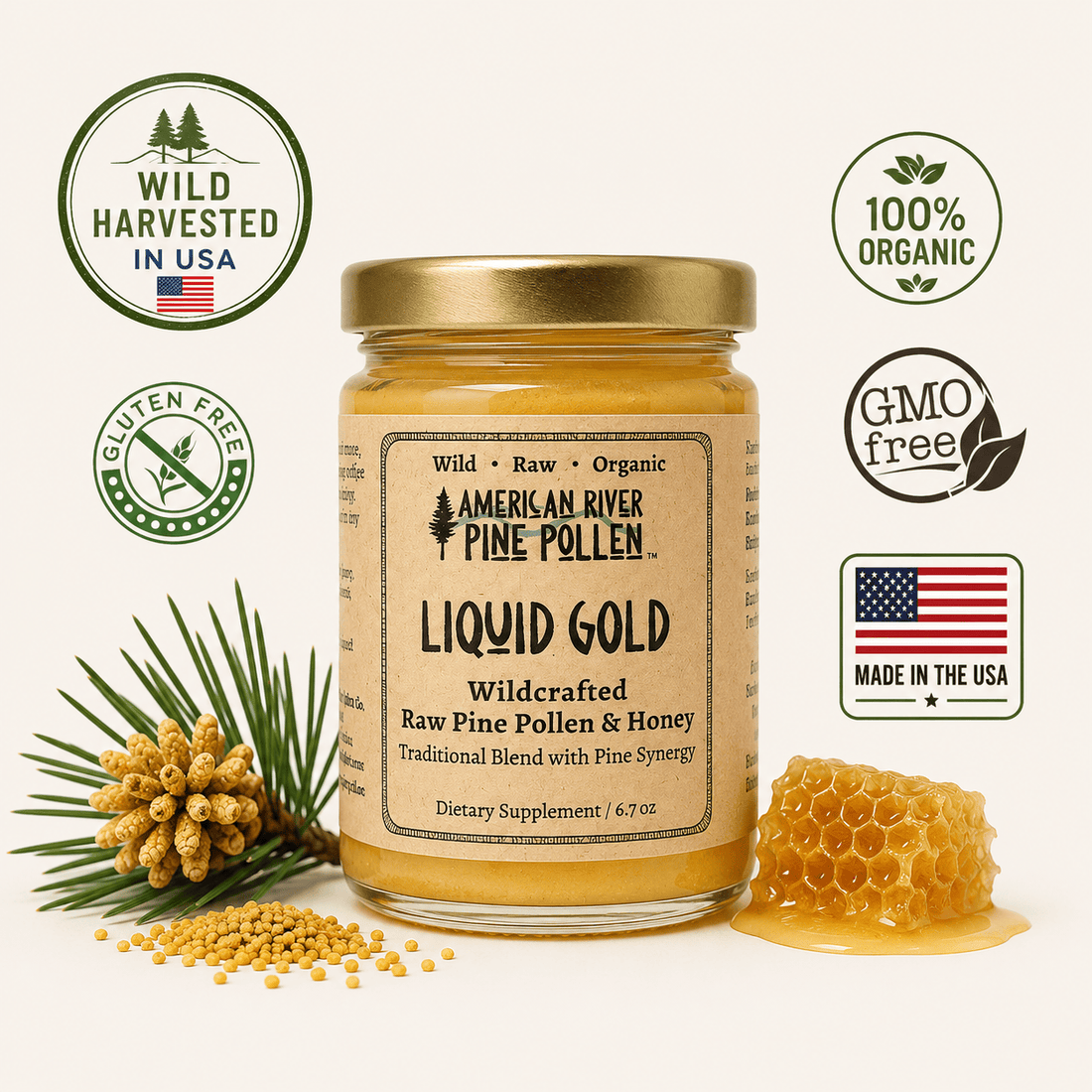 American River Pine Pollen Liquid Gold -  Wildcrafted Raw Pine Pollen and Honey - Traditional Blend with Pine Synergy