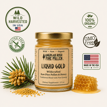 American River Pine Pollen 2.5 Liquid Gold -  Wildcrafted Raw Pine Pollen and Honey - Traditional Blend with Pine Synergy