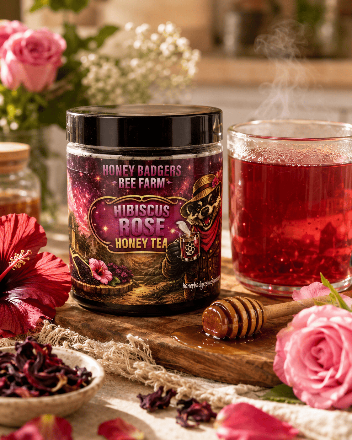 Honey Badgers Bee Farm All natural Tea Hibiscus &amp; Rose Honey