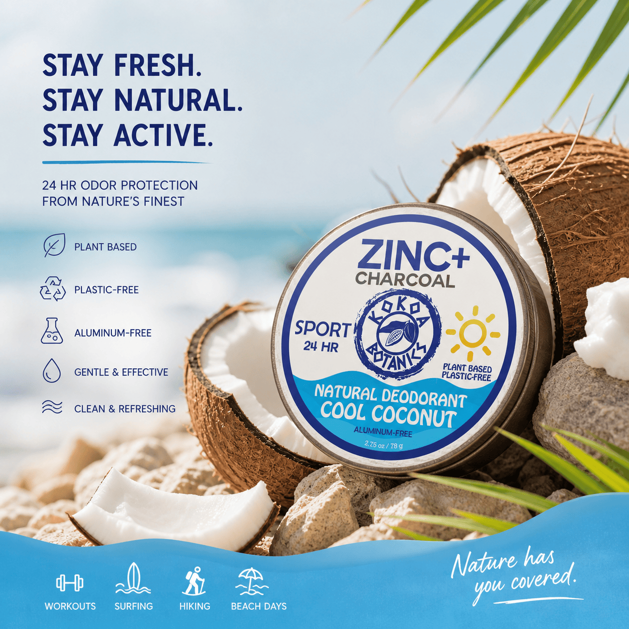 KOKOA BOTANICS natural deodorant ZINC &amp; CHARCOAL - Natural Deodorant Cream - Cool Coconut - Aluminum-free 2.75 oz