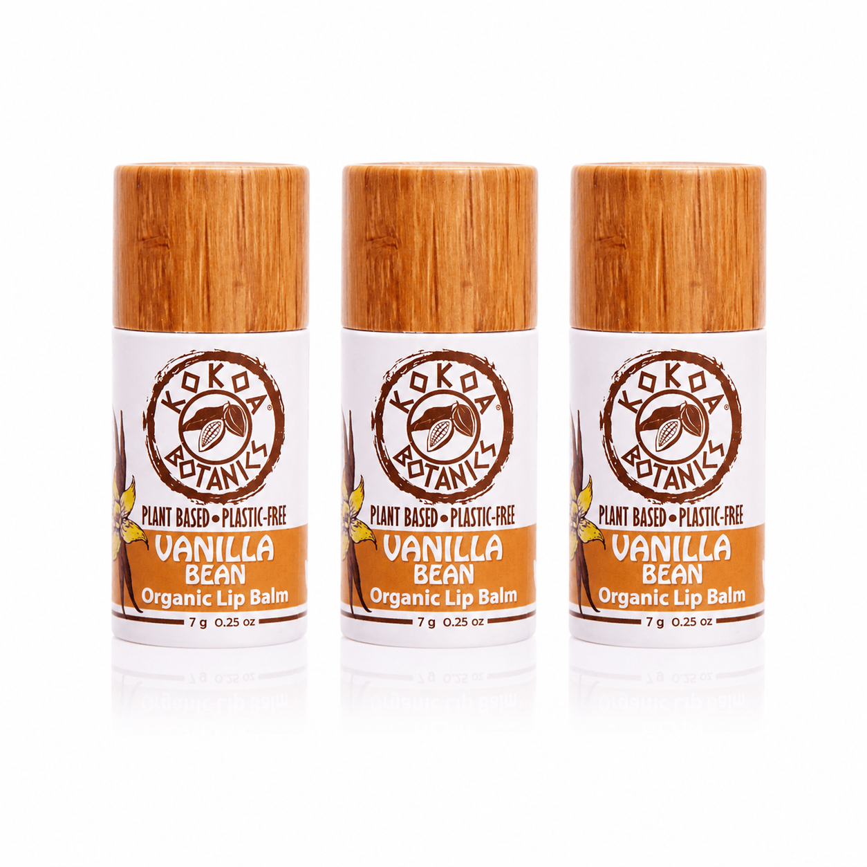 KOKOA BOTANICS Lip Balm 3 Pack Vanilla Bean - Natural Lip Balm - Vegan - Plastic-Free  .25 oz