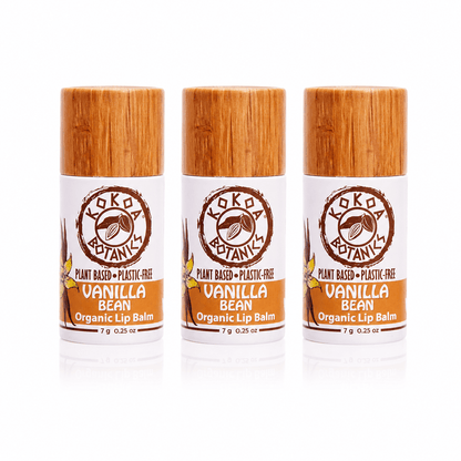 KOKOA BOTANICS Lip Balm 3 Pack Vanilla Bean - Natural Lip Balm - Vegan - Plastic-Free  .25 oz