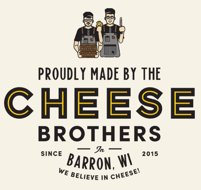 Logo for 'Proudly Made by the Cheese Brothers' with two cartoon characters holding cheese and a knife on a beige background.