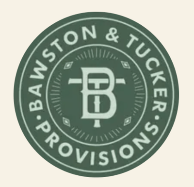 Circular logo with 'Bawston & Tucker Provisions' text and a central design element on a beige background.