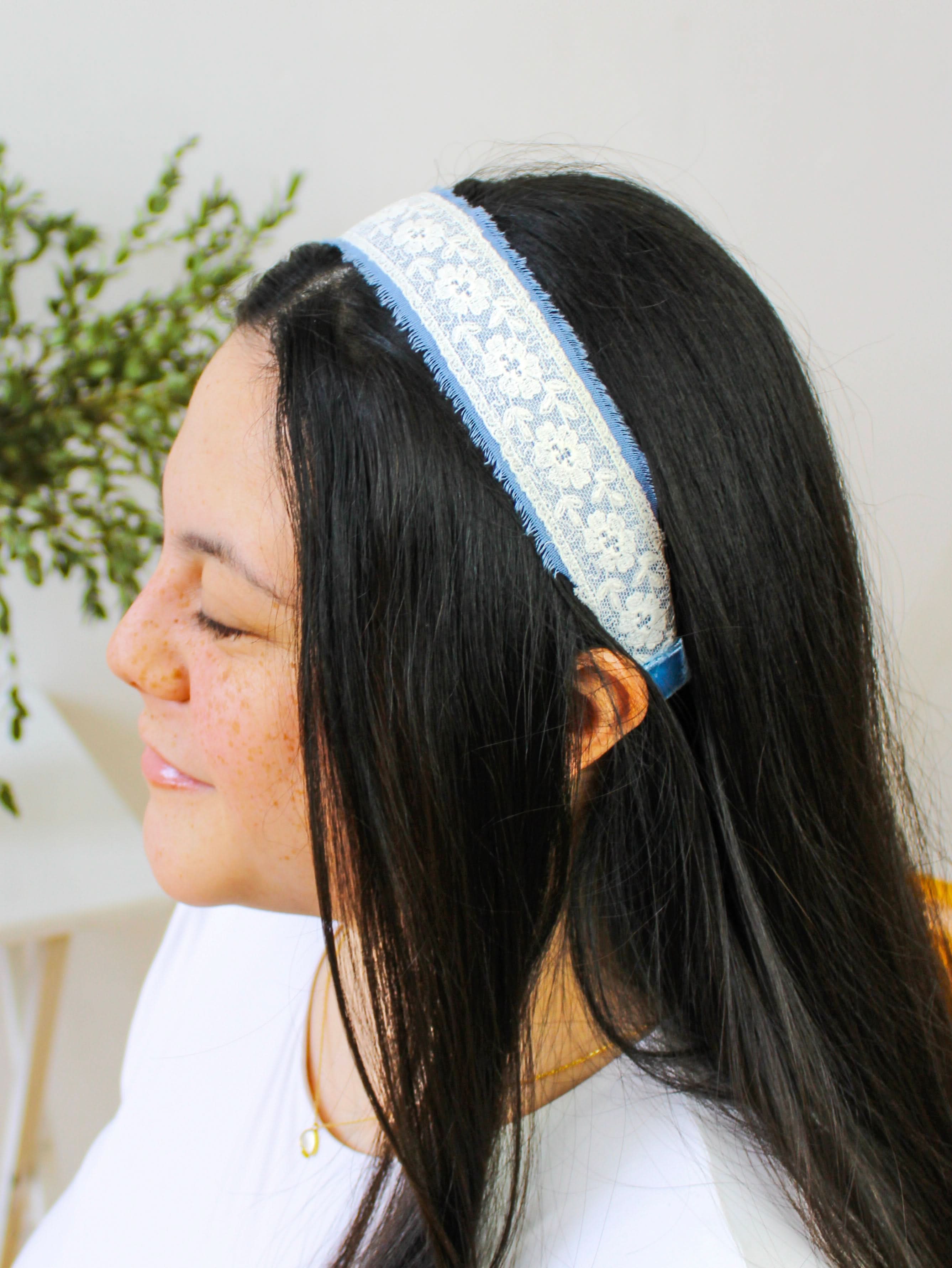 Ash &amp; Rose Blue Clara Lace and Linen Headband