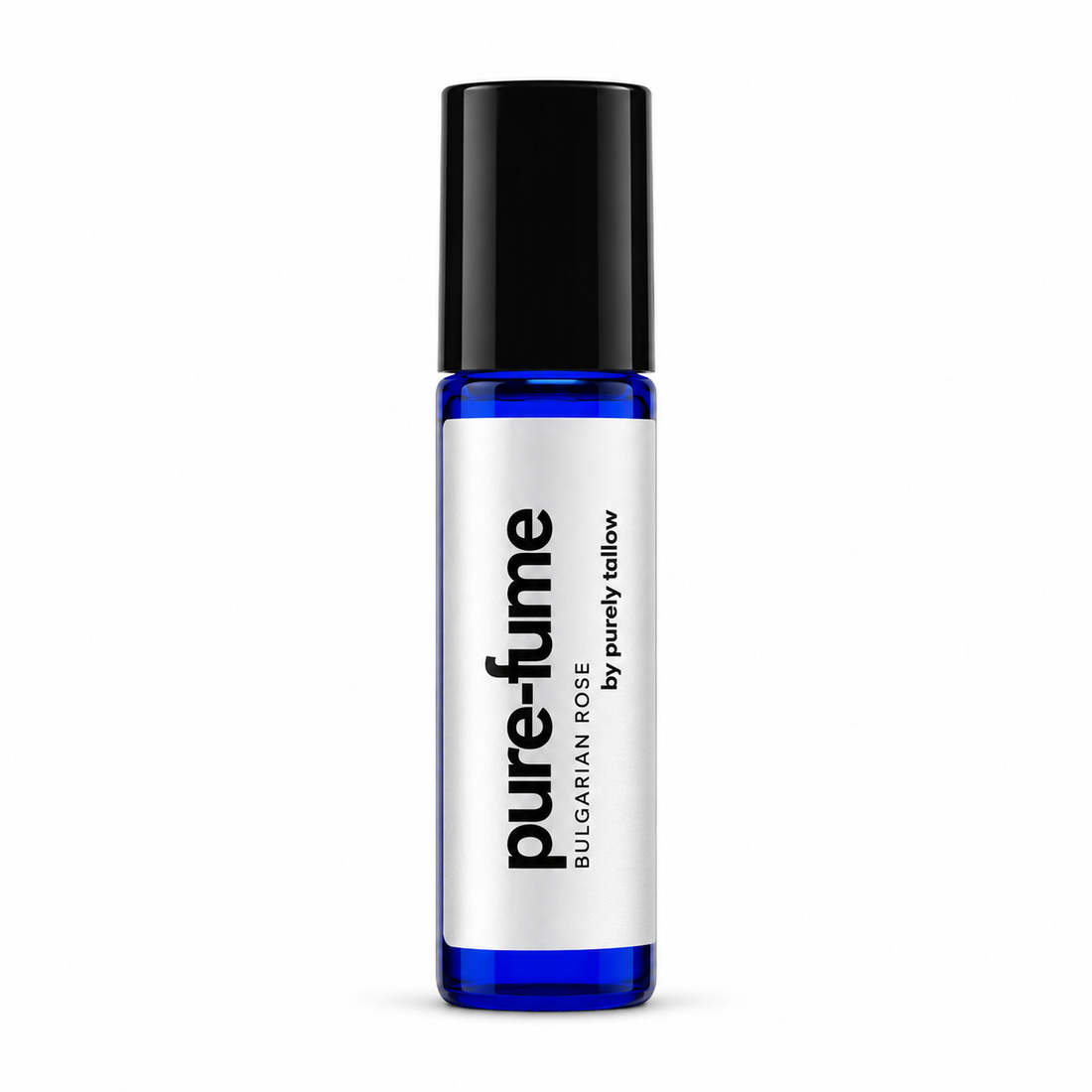 A roll-on perfume bottle with a black cap and a white label featuring the brand name &