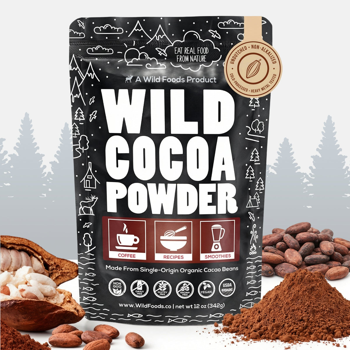 A stand-up pouch of Wild Cocoa Powder by Wild Foods Product, shown on a light gray background with cocoa beans and cocoa powder piles in the foreground. The package is black with white text and illustrated graphics, plus brown label panels near the bottom.