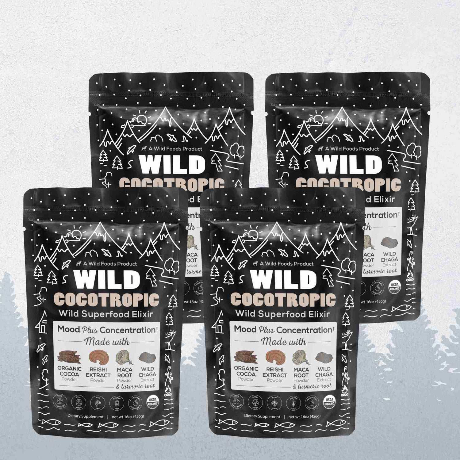 Wild Foods Mushrooms 4x - 160z (Save $44) CocoTropic, 32 servings – Organic Mushroom Mix for Energy &amp; Focus