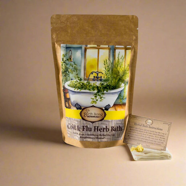 Herb bath packaging with herbs and instructions on a brown background