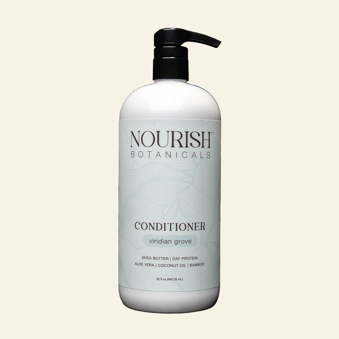 Nourish Botanicals body lotion bottle with aloe vera leaves on a dark background