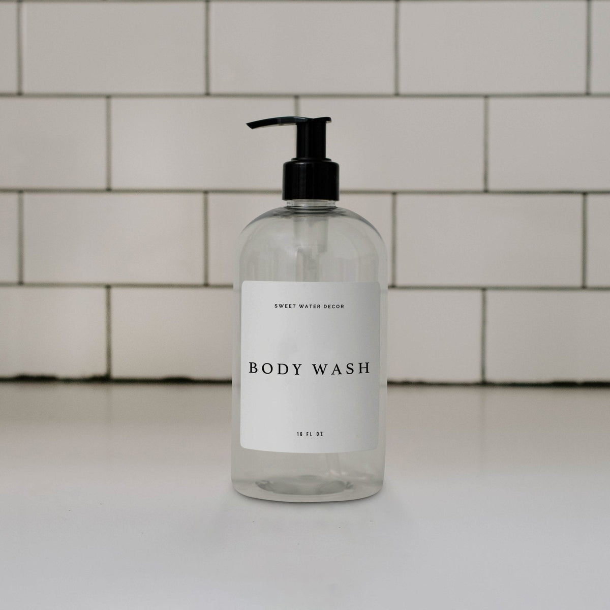 16oz Clear Plastic Body Wash Dispenser - White Text Label
