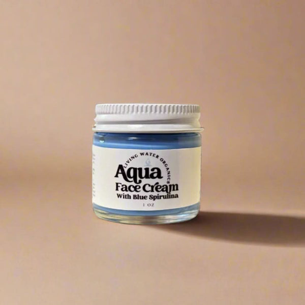 Jar of Aqua Face Cream with Blue Spirulina on a rock by a river