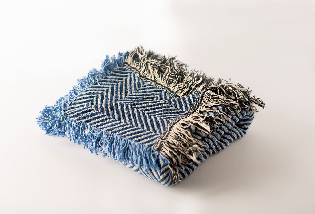 Henry Chambray Blue Herringbone Cotton Throw Blanket