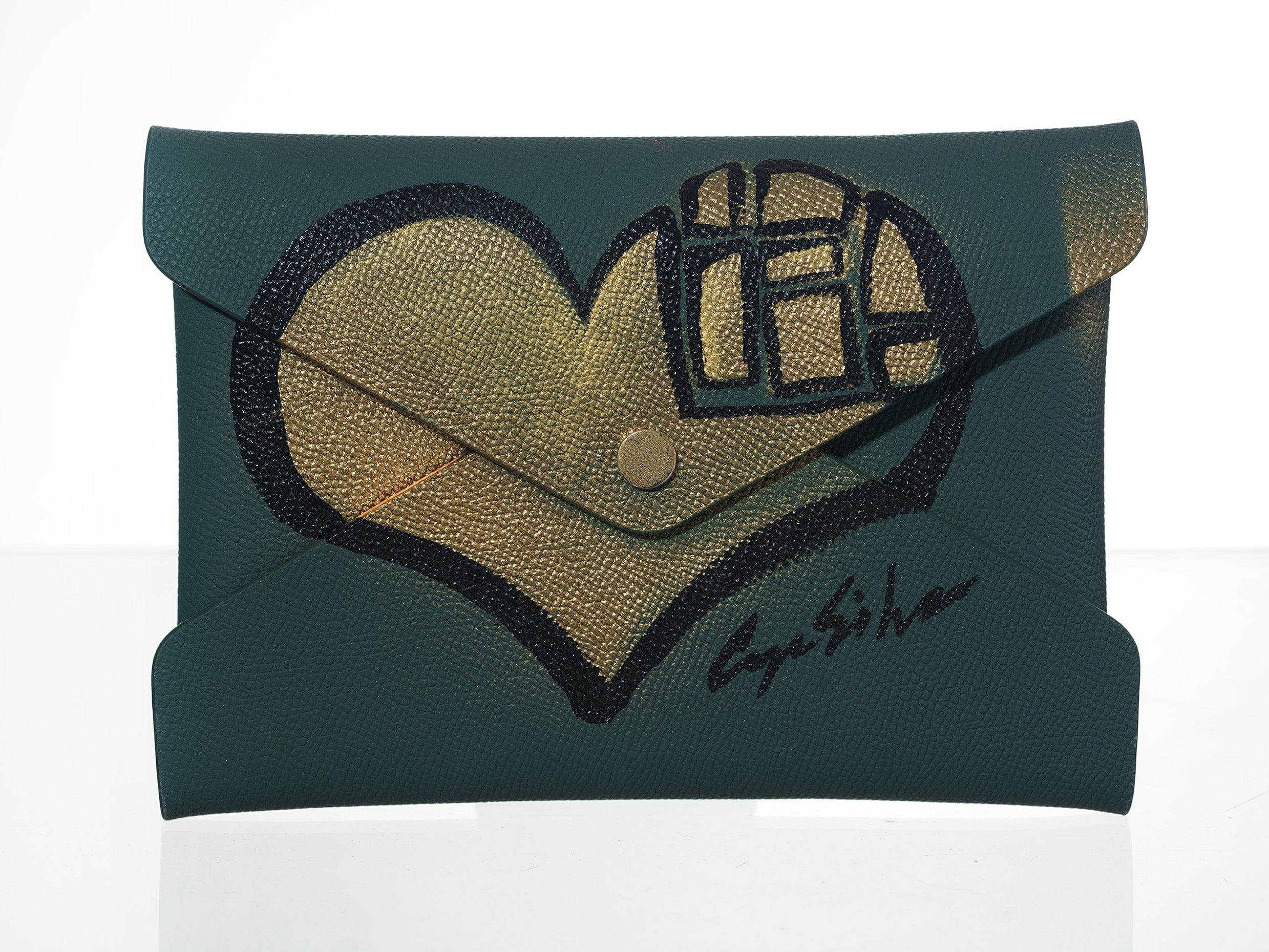 SOUL CARRIER Green Hunter Green Epsom Pochette with Hand-Painted Art (Gold Heart)