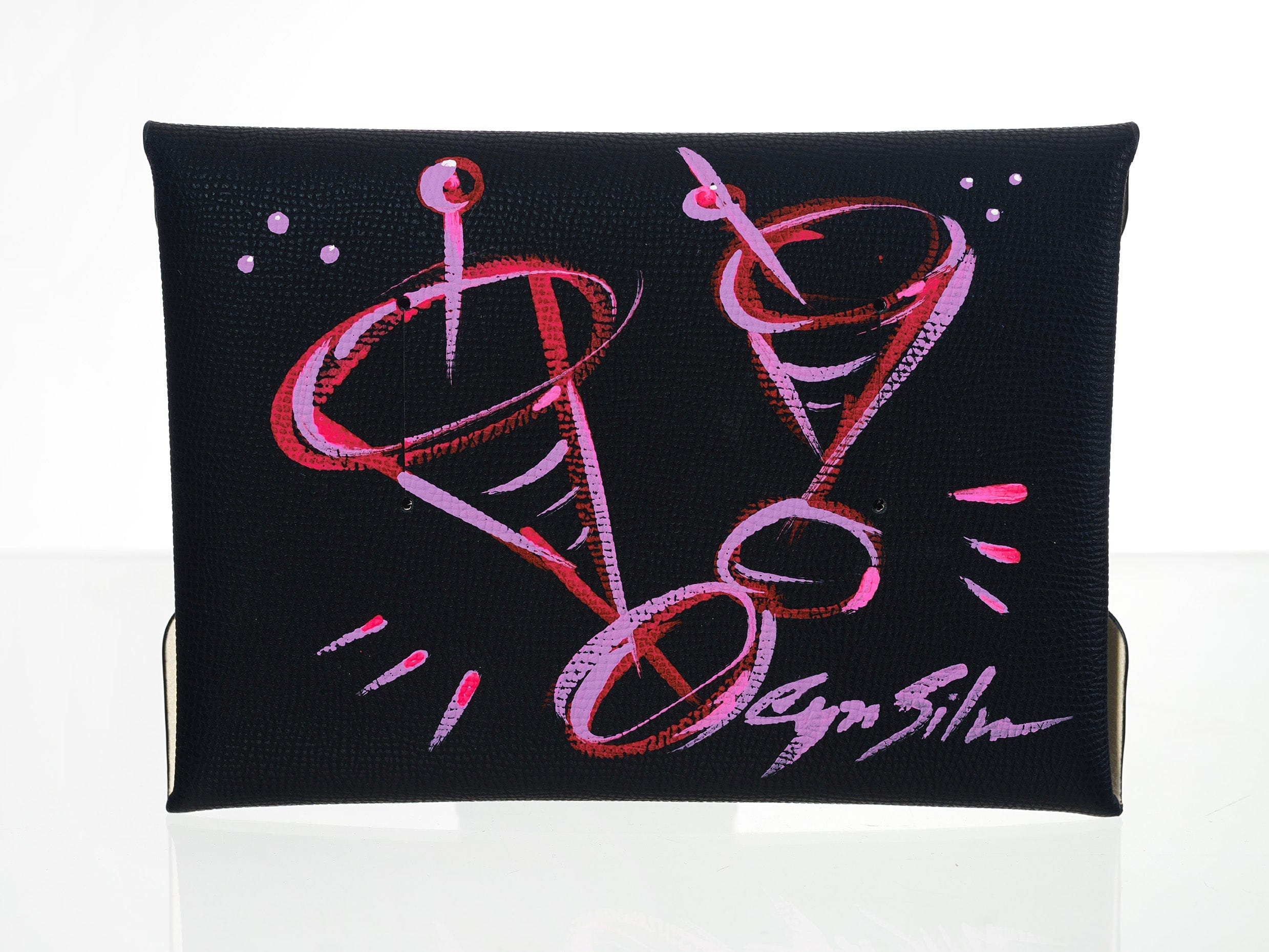 Black Epsom Pochette with Hand-Painted Art (Purple Heart)