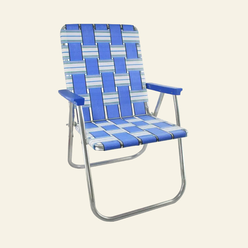A classic folding patio chair with a blue and white woven sling fabric seat and backrest, supported by a silver metal tubular frame.