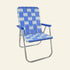 A classic folding patio chair with a blue and white woven sling fabric seat and backrest, supported by a silver metal tubular frame.