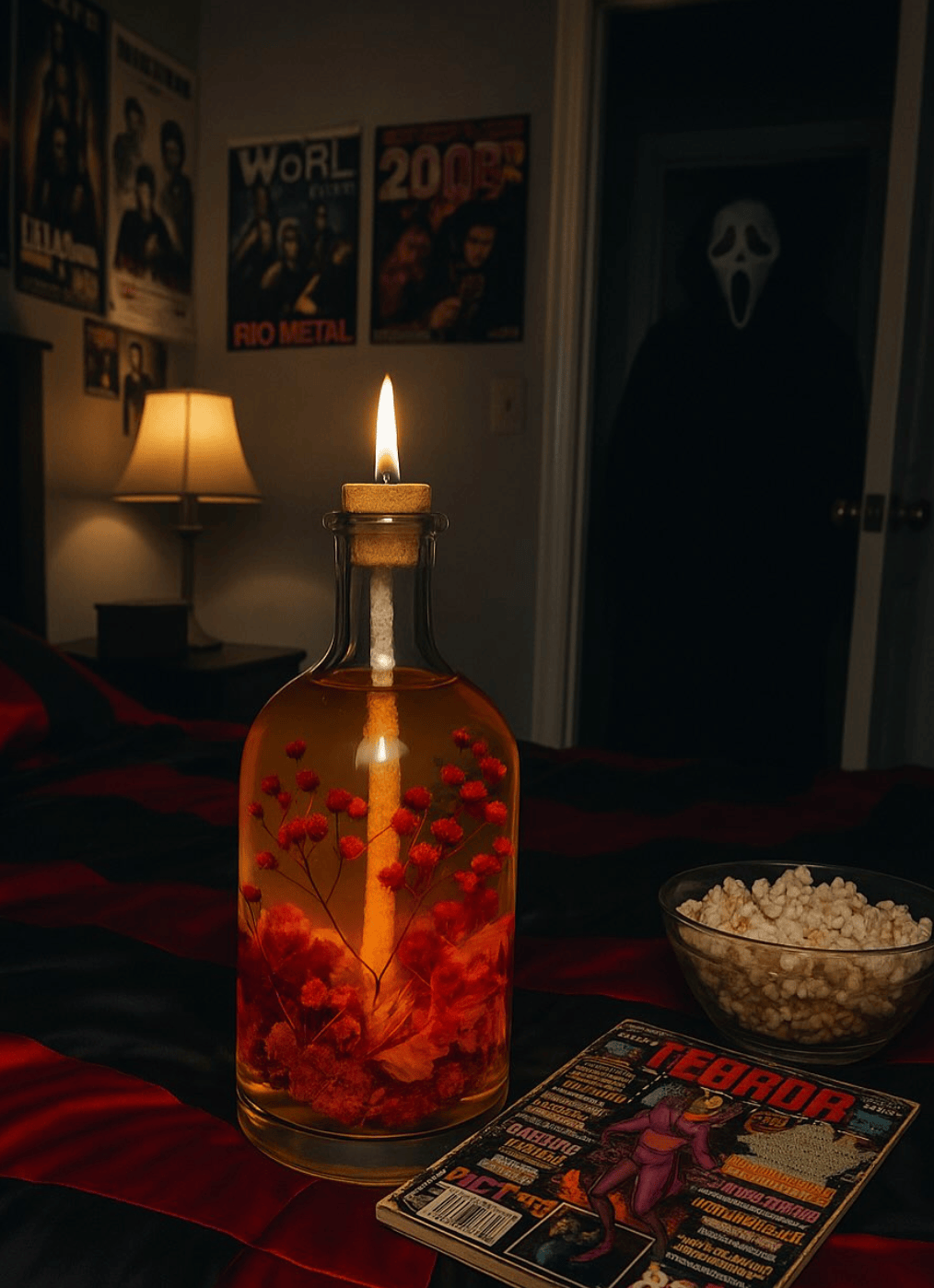 Decorative bottle with a lit candle inside, surrounded by Halloween-themed decor.