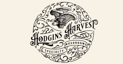 Decorative logo for Hodgins Harvest mushroom specialty on a white background