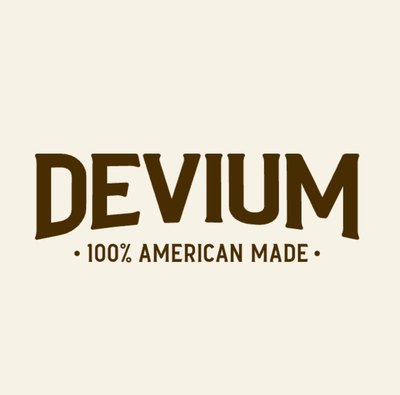 Devium logo with '100% American Made' text on a beige background