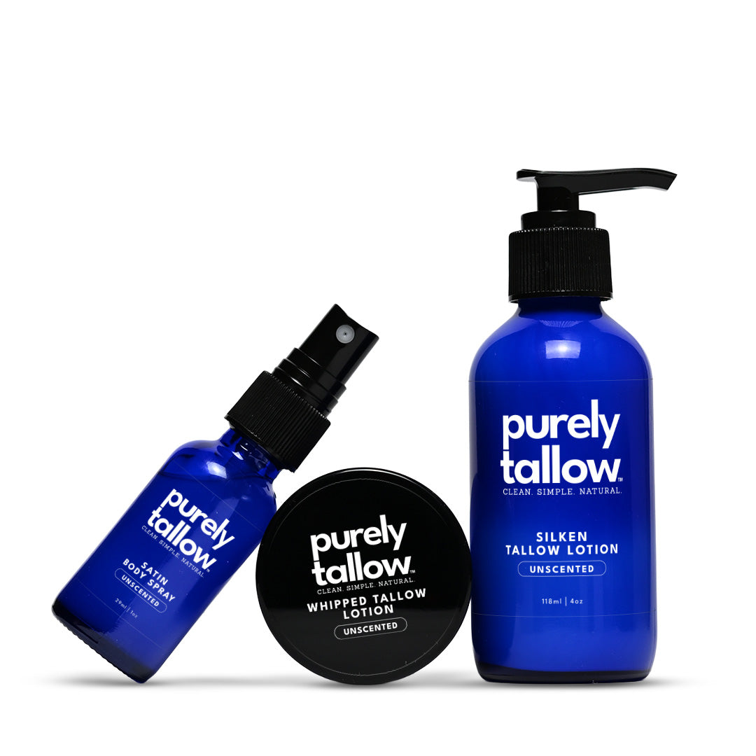 Three bottles of purely tallow products on a white background