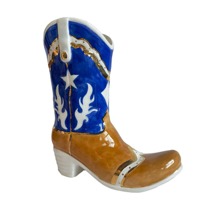 Ruby Clay Company Dutch Boy Blue Two Tone Monogrammed Cowboy Boot Vase