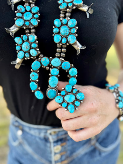 Wilson Dawes Kingman Turquoise Sterling Silver Squash Blossom Set