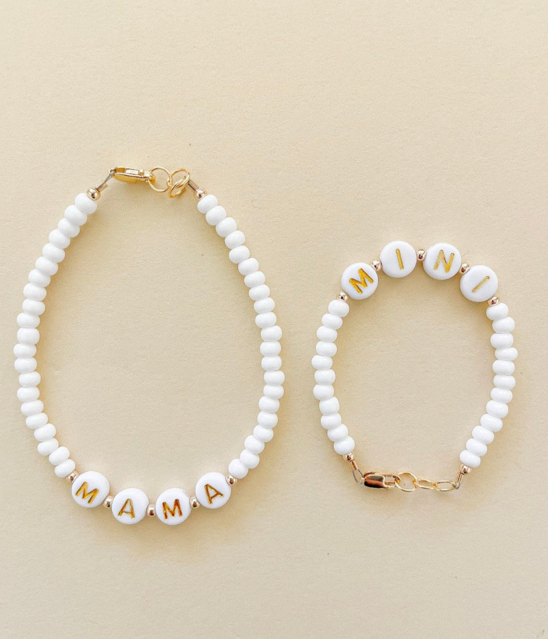 Mama and Mini White Name Bracelet Set