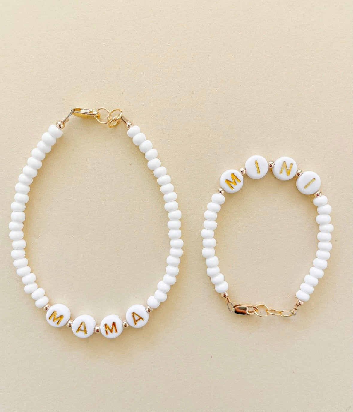 Mama and Mini White Name Bracelet Set
