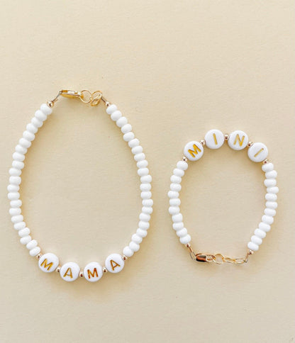 Mama and Mini White Name Bracelet Set