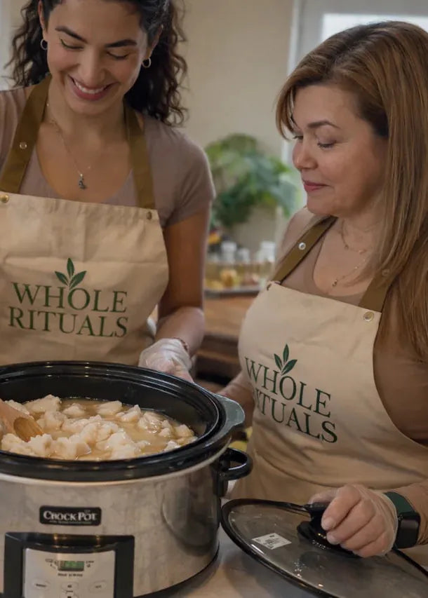 Two women in 'Whole Rituals' aprons preparing food in a kitchen.