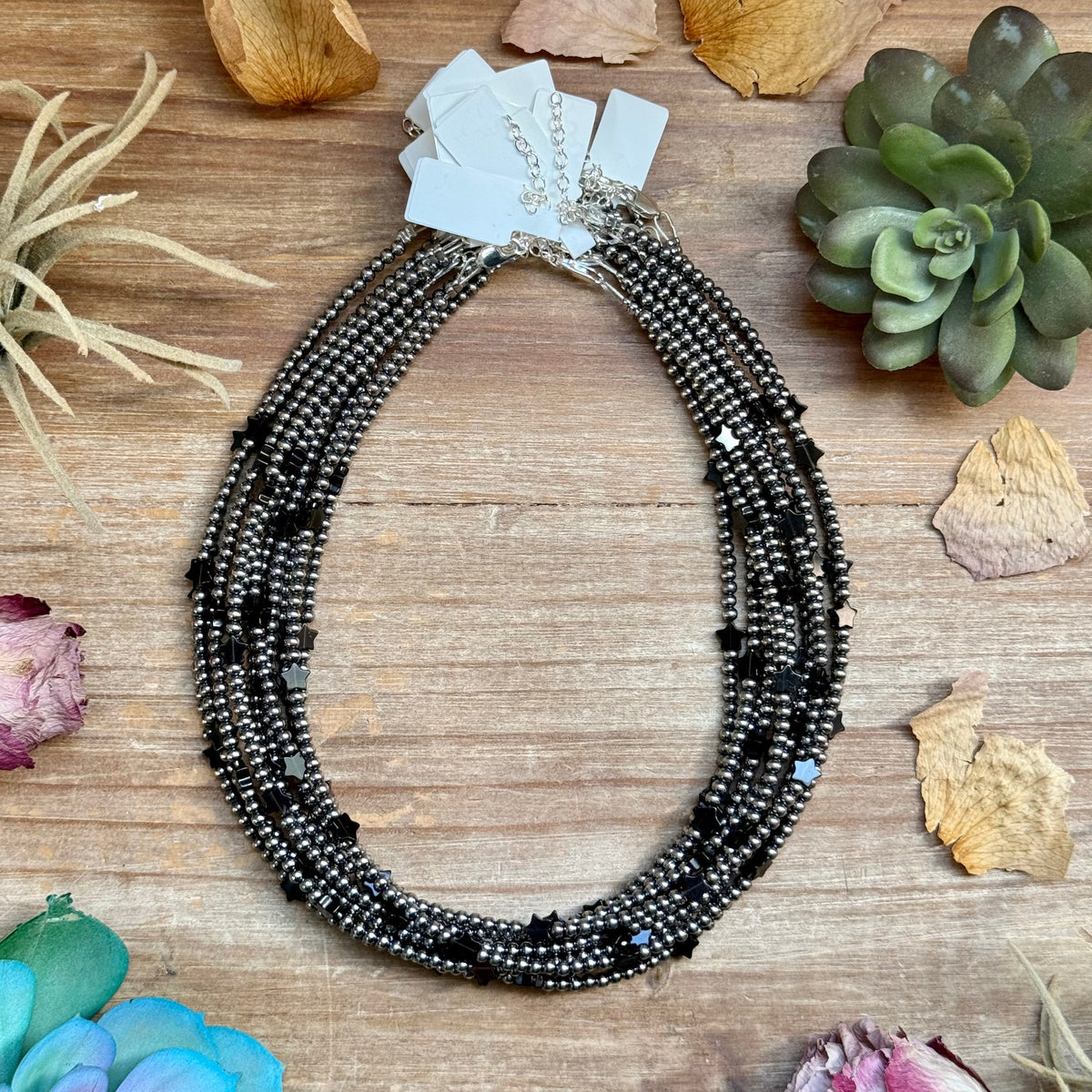15" Black Onyx Star &amp; Sterling Silver Pearl Necklace