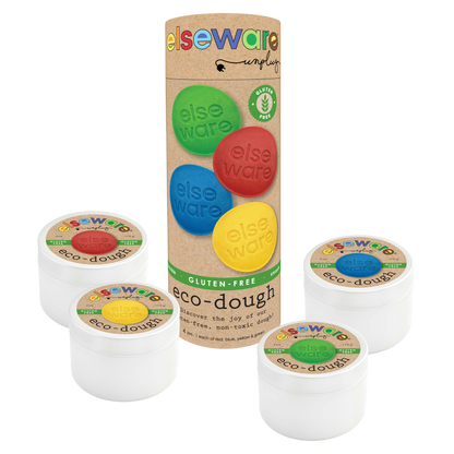 Set of eco-dough containers with colorful labels and a cardboard tube packaging on a white background.