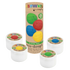 Set of eco-dough containers with colorful labels and a cardboard tube packaging on a white background.