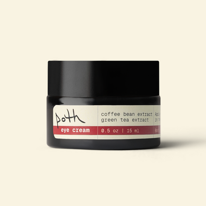 A black jar of Poth Eye Cream on a light beige background. The label is cream-colored with a red stripe and text reading &