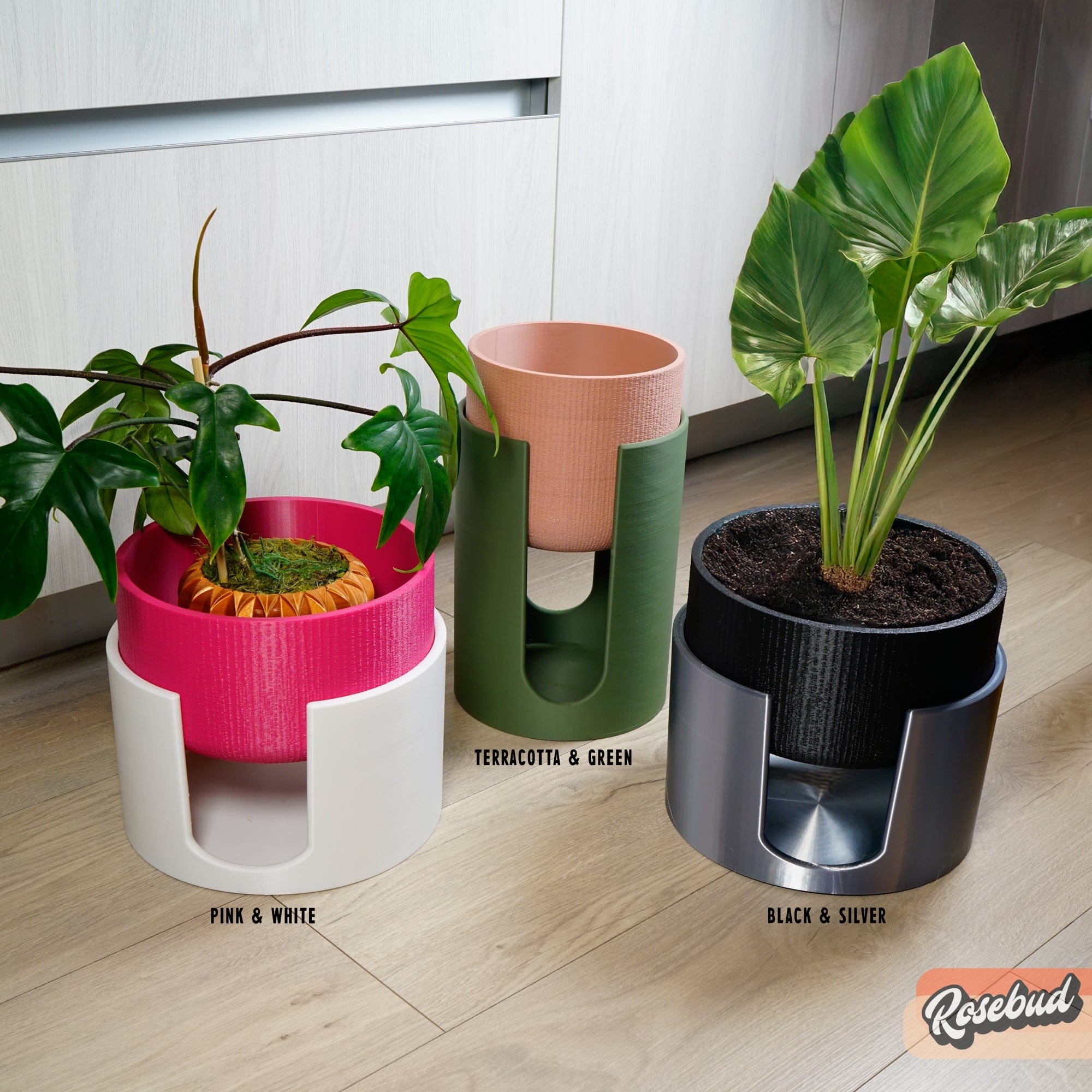 Rosebud HomeGoods Planter Modern Elevated Planter and Plant Stand Set - 2-Piece Plant Pot with Drainage in Multi Colors &amp; Sizes, Mid-Century Modern Indoor Plant Stand