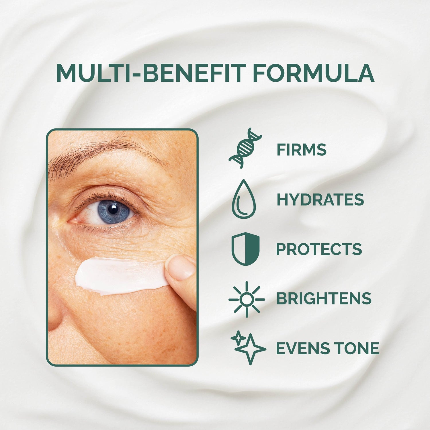 Cosmetic product application on skin with text highlighting multi-benefit formula