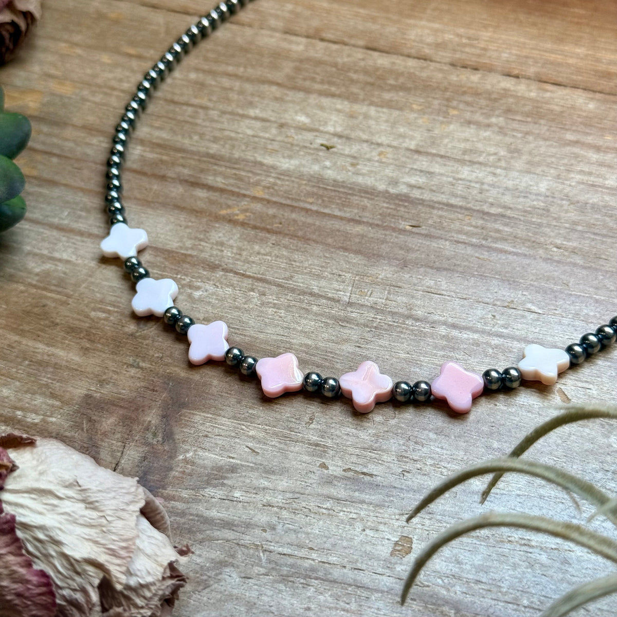 Pink Conch Flower &amp; Sterling Silver Pearl Necklace
