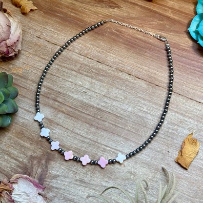 Pink Conch Flower &amp; Sterling Silver Pearl Necklace