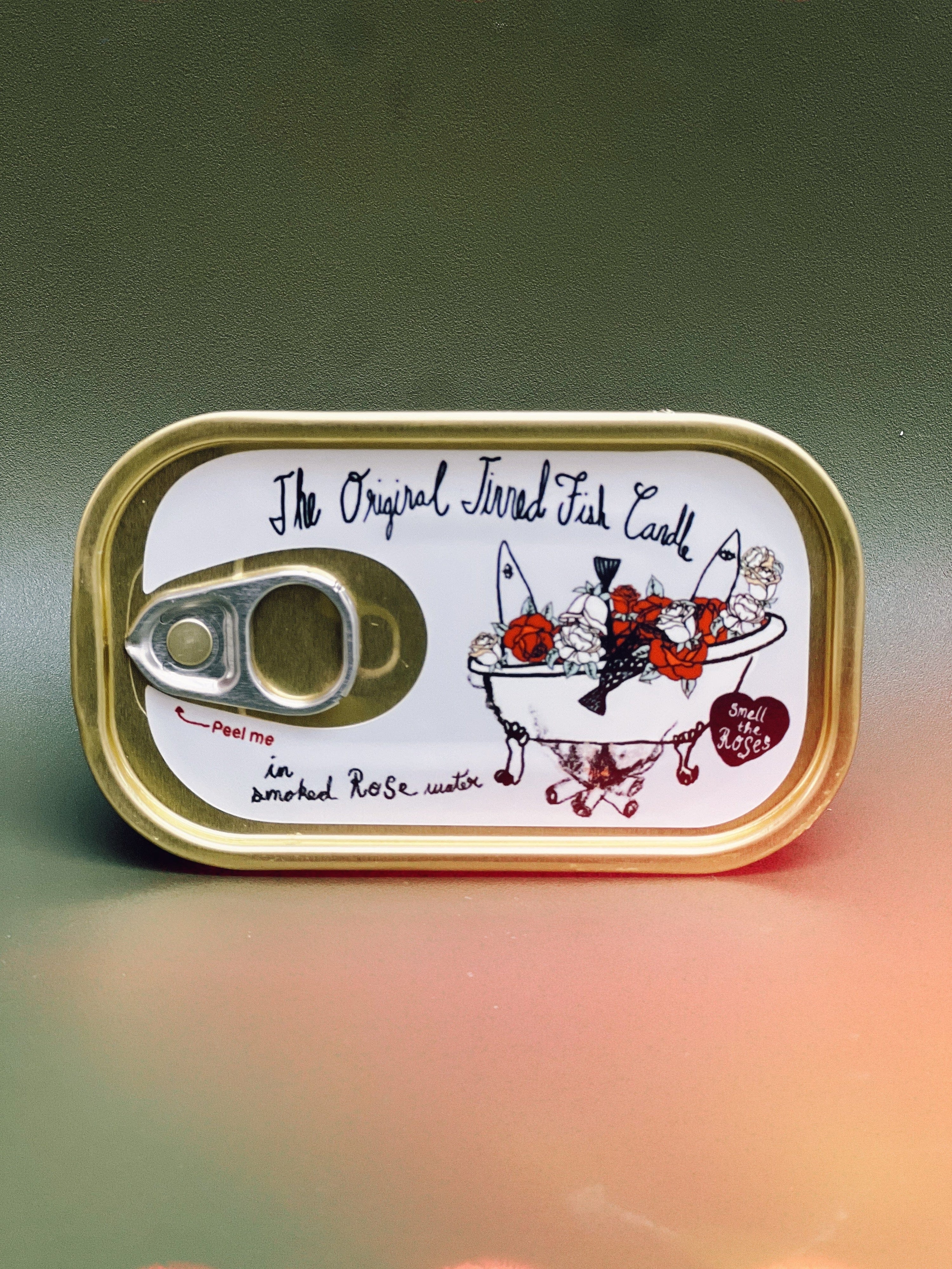 Tinned Candle Tinned Fish Candle - Smoked Rose Water (Roses and Campfire Scented)