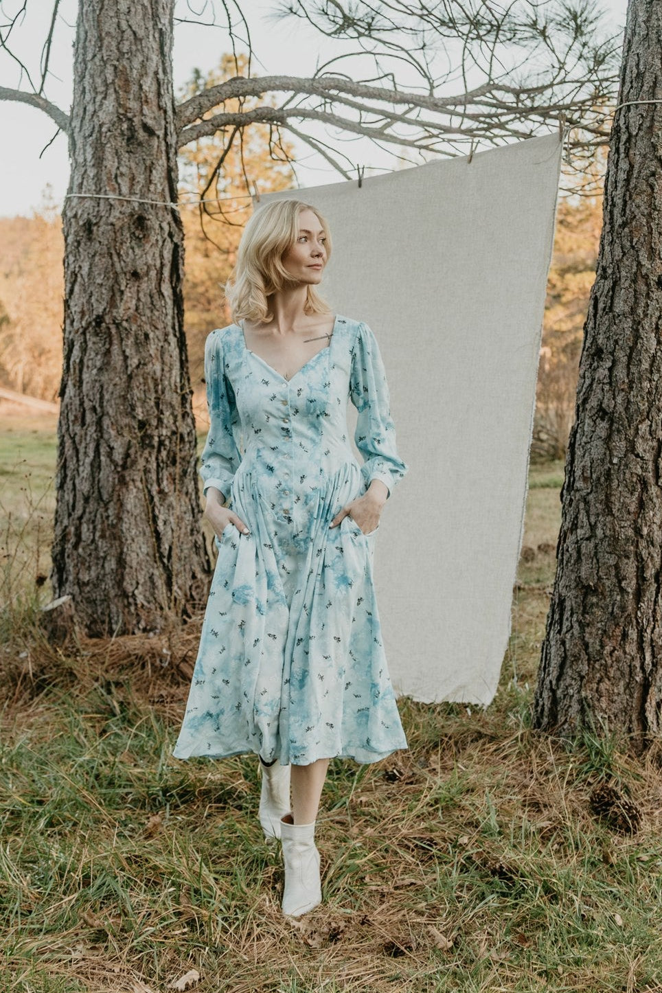 Prairie Dress in Blue Cloud Rose Challis