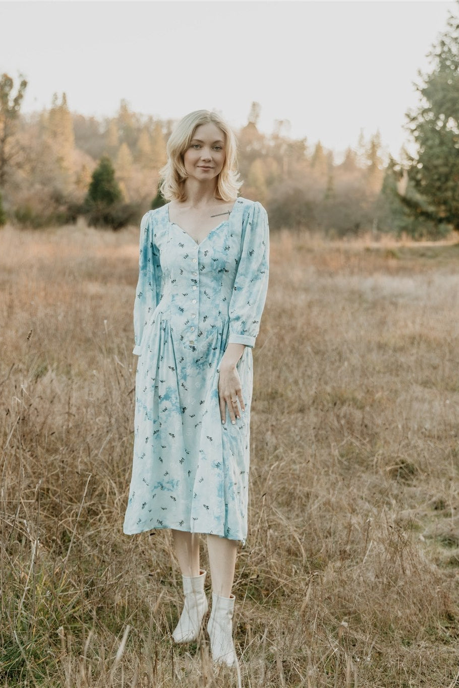 Prairie Dress in Blue Cloud Rose Challis