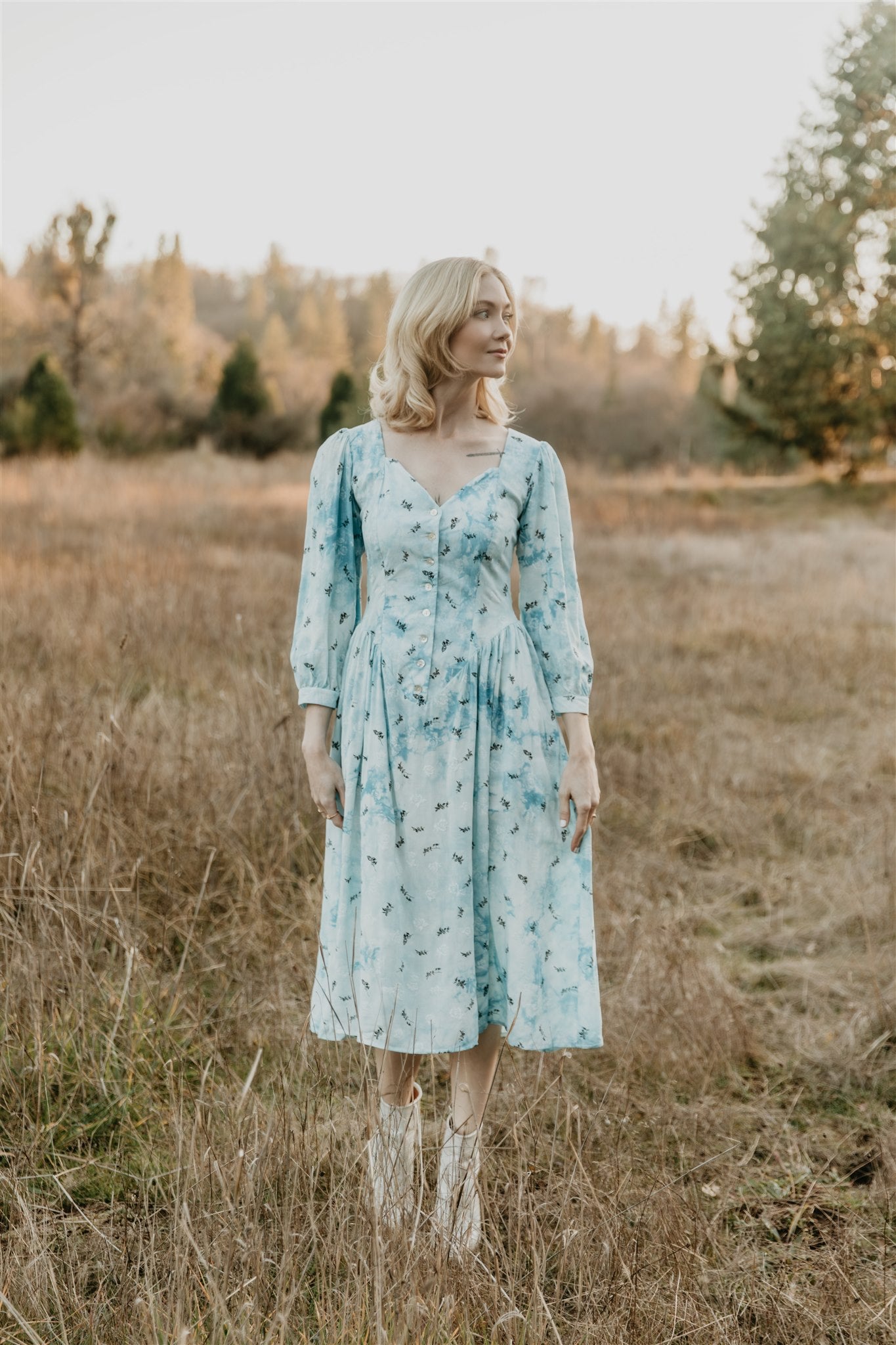 Prairie Dress in Blue Cloud Rose Challis