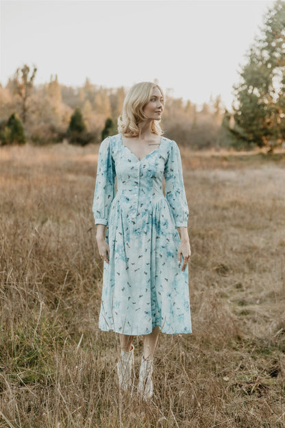 Prairie Dress in Blue Cloud Rose Challis