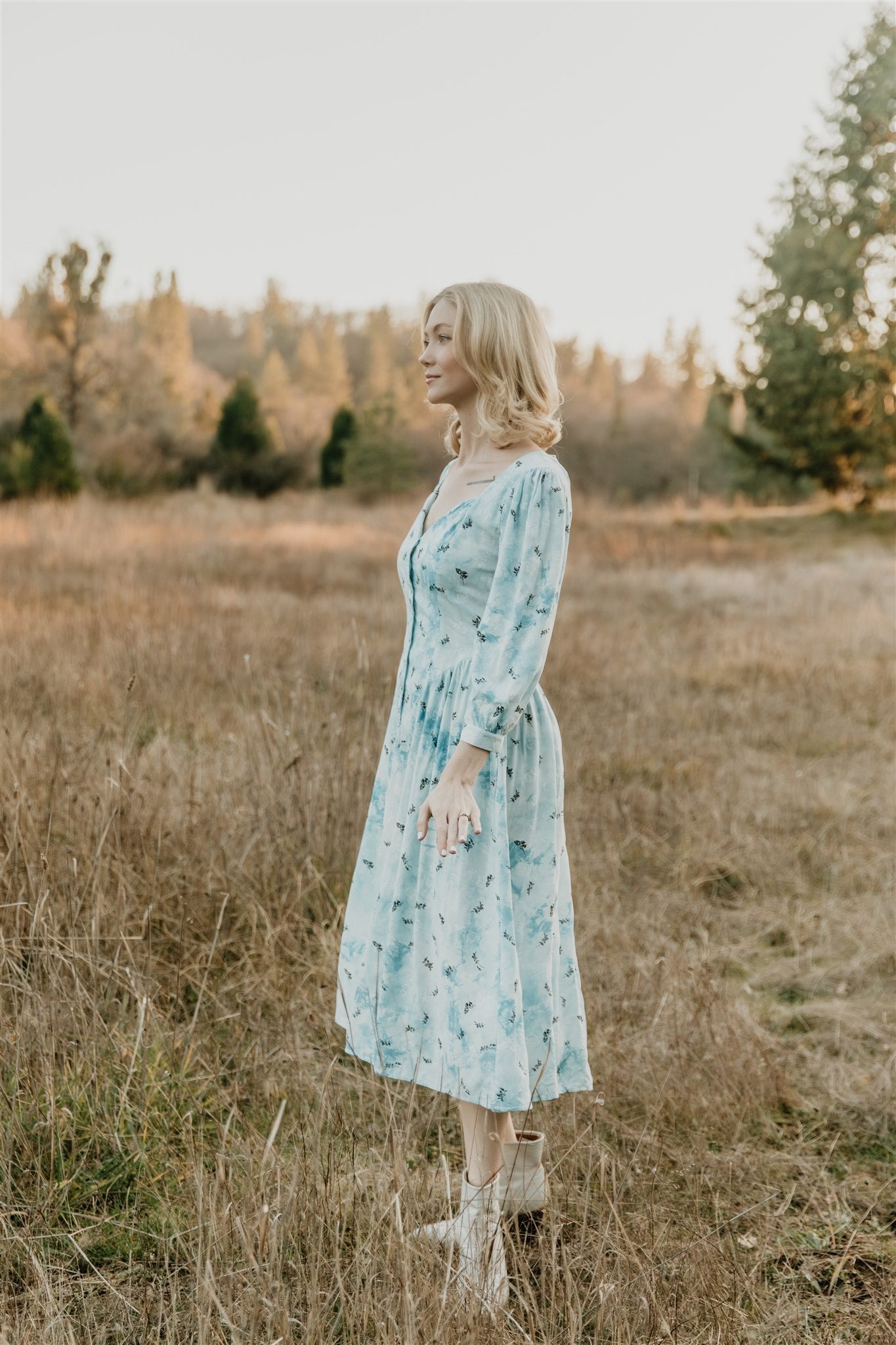Prairie Dress in Blue Cloud Rose Challis